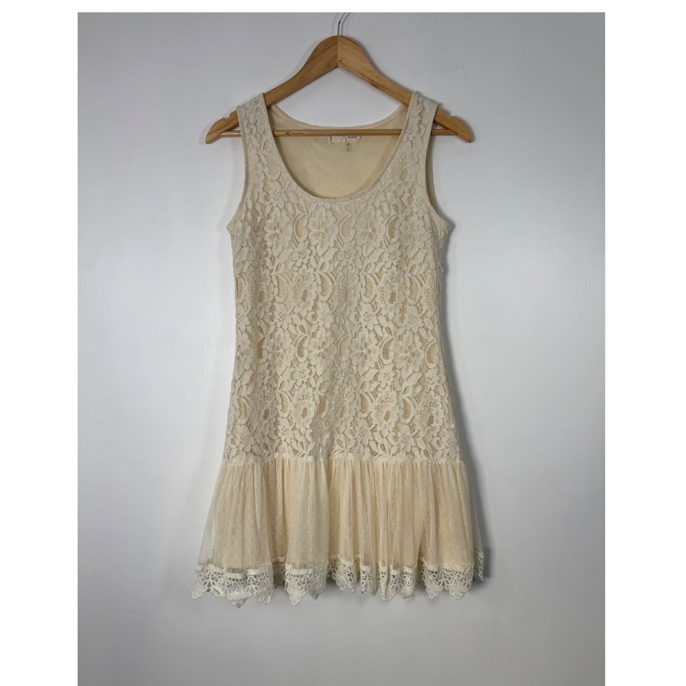 Boho a'reve Womens Medium Mini Dress Cream Lace Tulle Scalloped Hem Romantic
